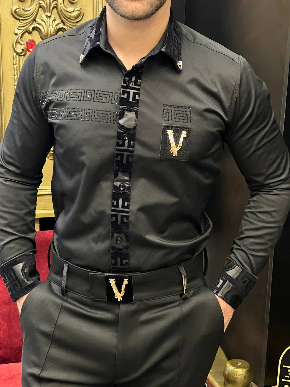 Verona Greca Men's Black Velvet Trim Luxury Shirt