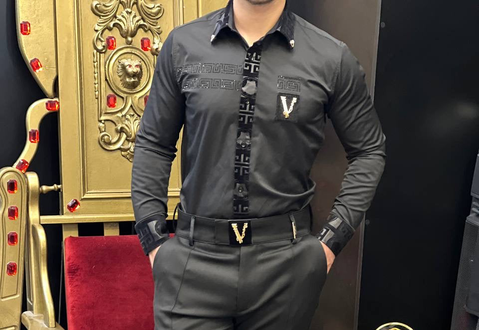 Verona Greca Men's Black Velvet Trim Luxury Shirt