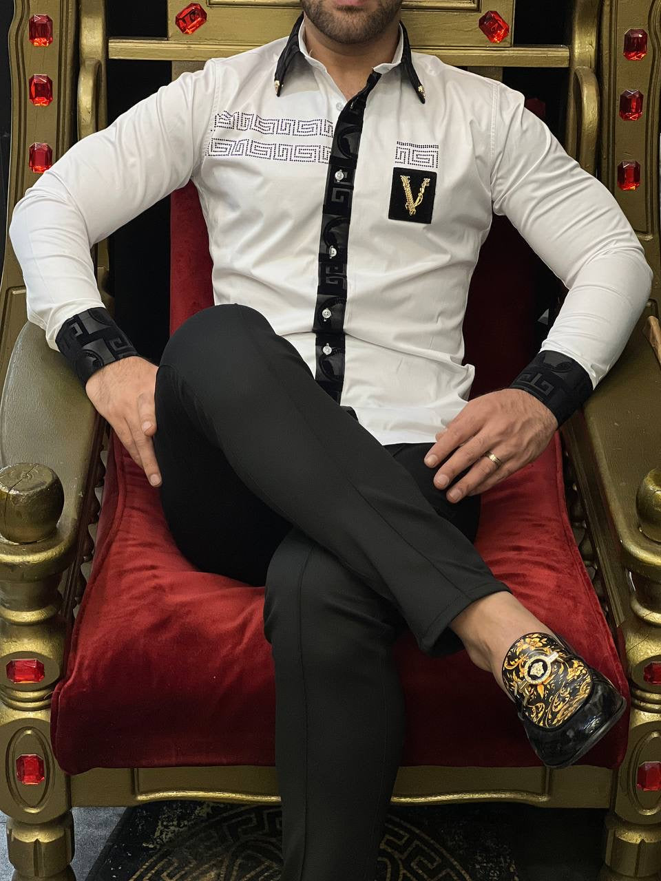 Verona Greca Men's White Velvet Trim Luxury Shirt