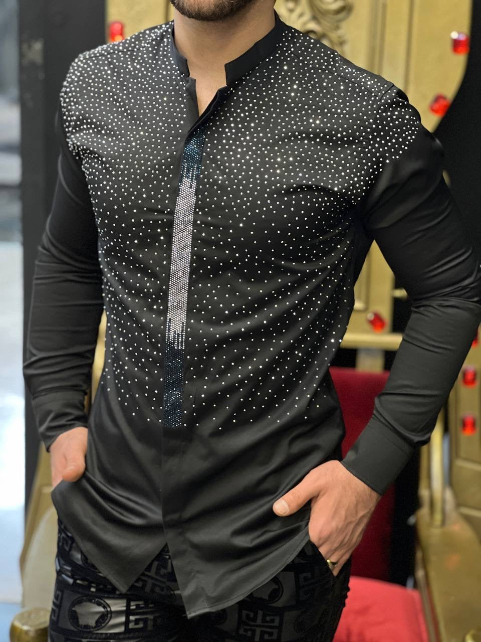 Milano Stellato Black Crystal Mandarin Collar Shirt