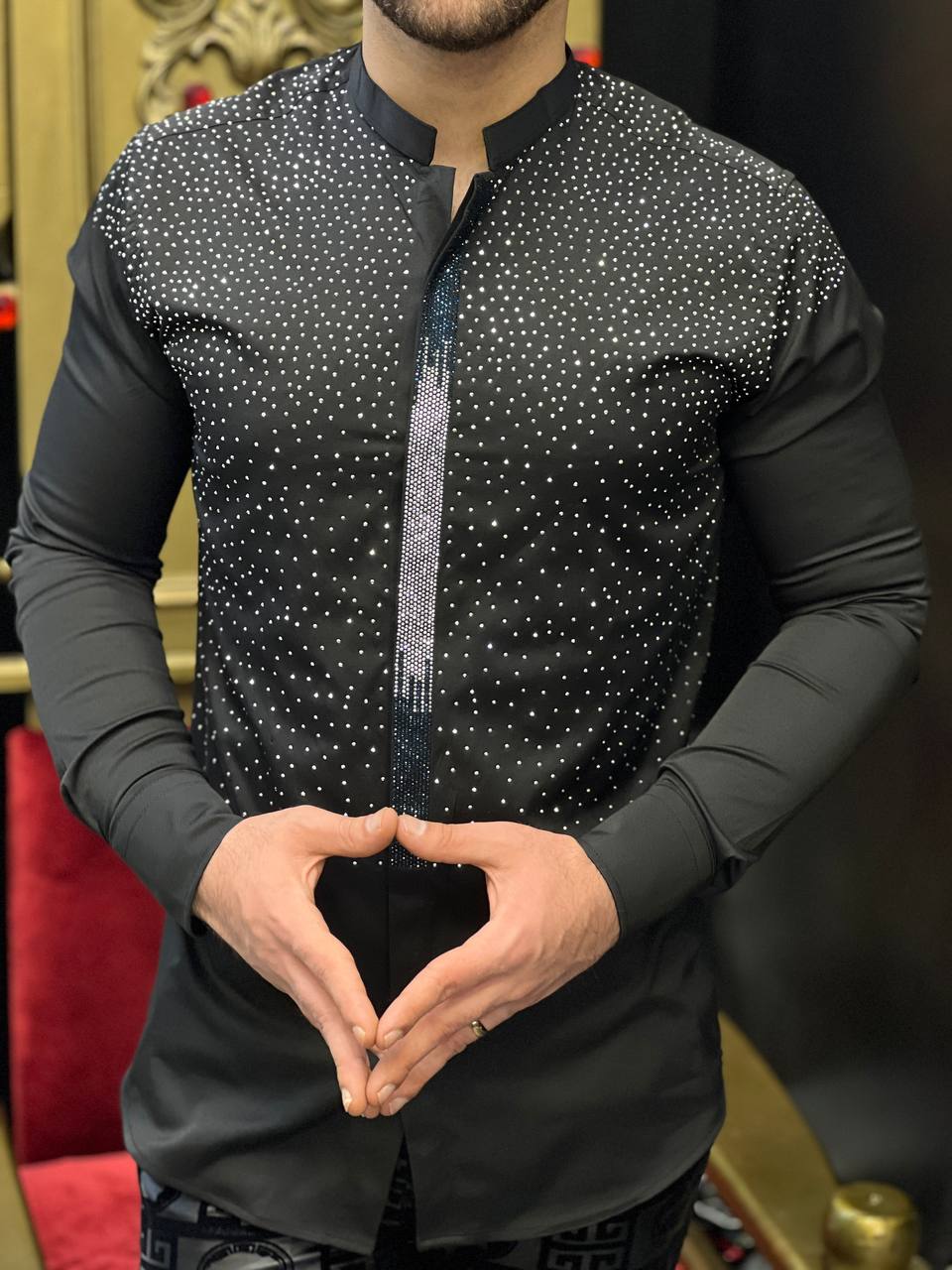 Milano Stellato Black Crystal Mandarin Collar Shirt