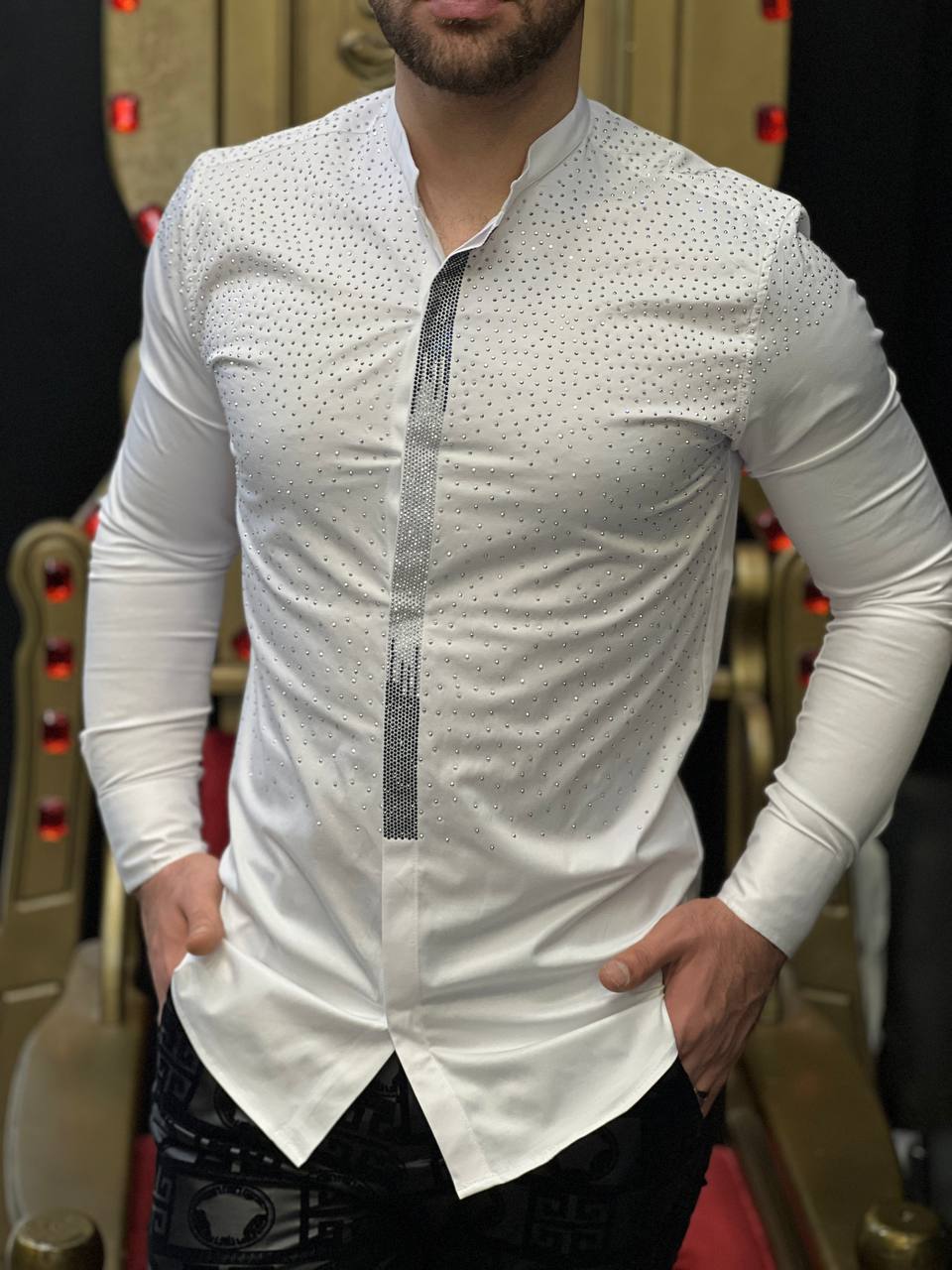 Milano Stellato Black Rhinestone Mandarin Collar Shirt