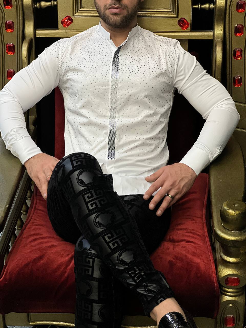 Milano Stellato Black Rhinestone Mandarin Collar Shirt