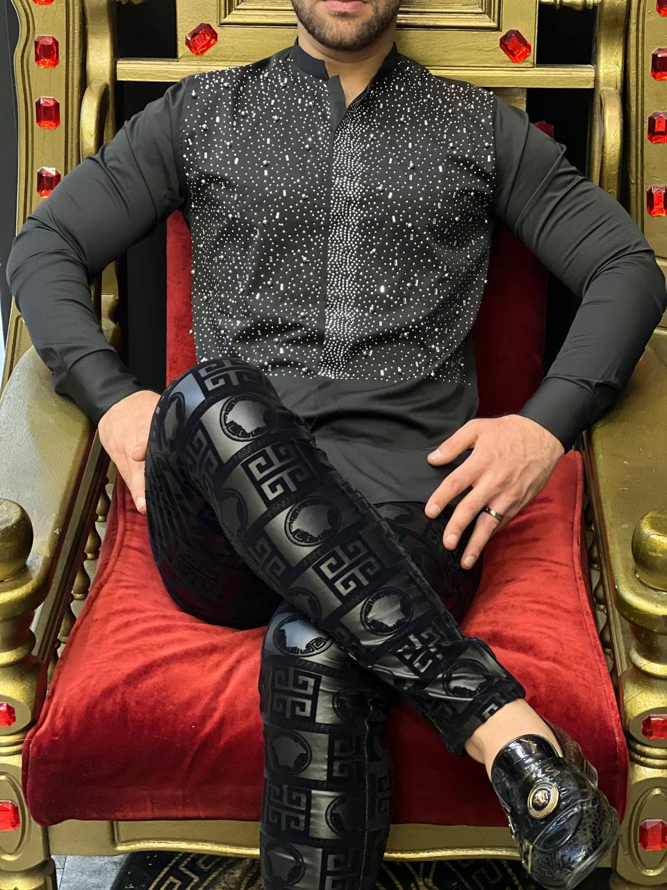 Roma Black Studded Armor Mandarin Collar Shirt