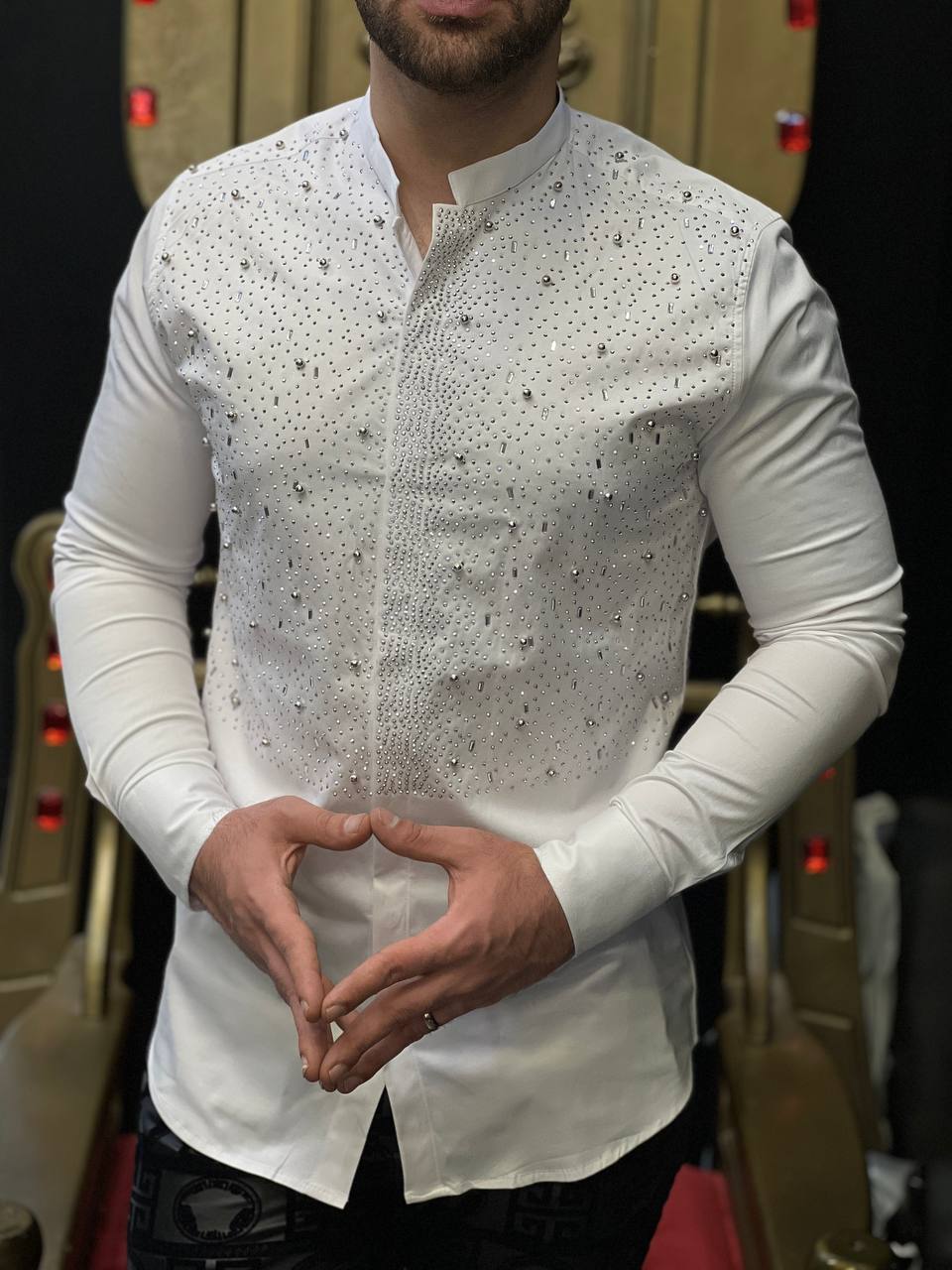 Roma White Studded Armor Mandarin Collar Shirt