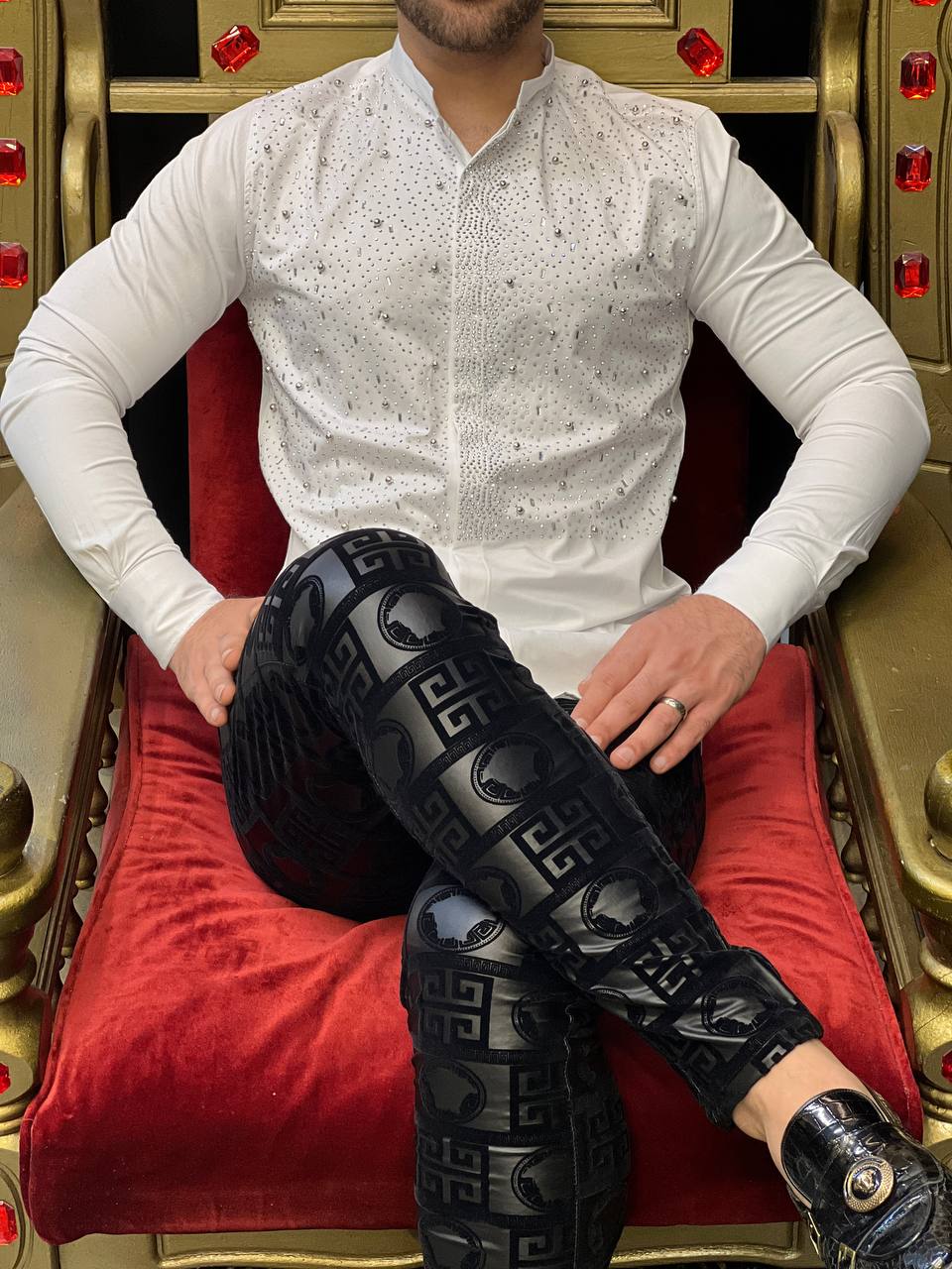 Roma White Studded Armor Mandarin Collar Shirt