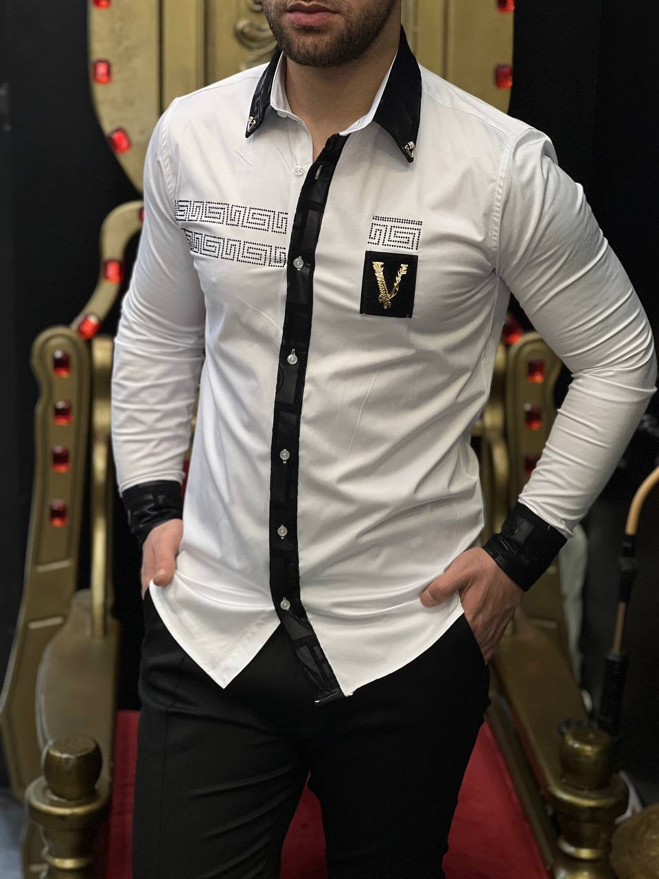 Verona Greca Men's White Velvet Trim Luxury Shirt