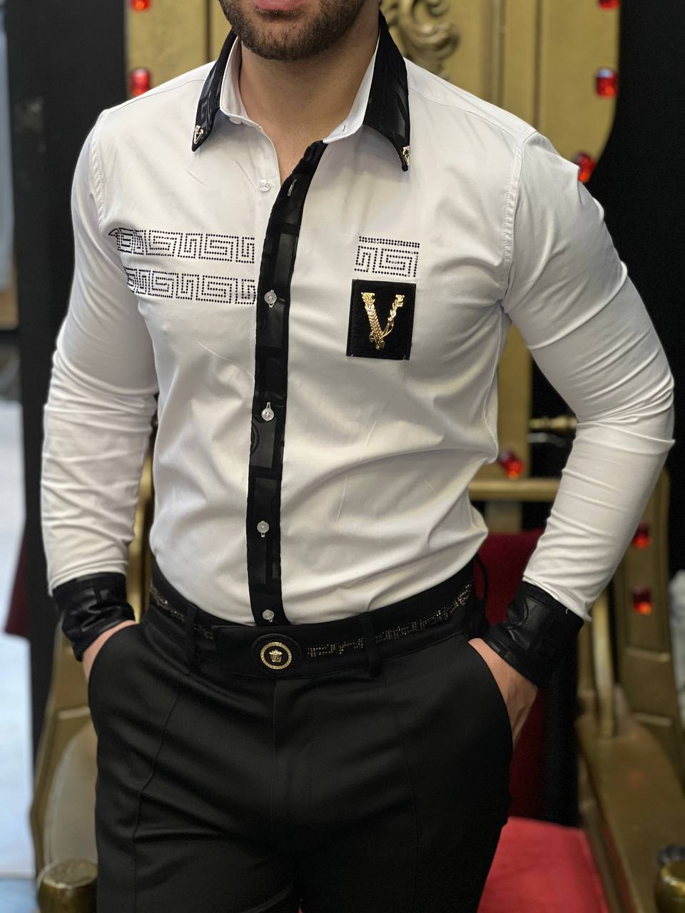 Verona Greca Men's White Velvet Trim Luxury Shirt