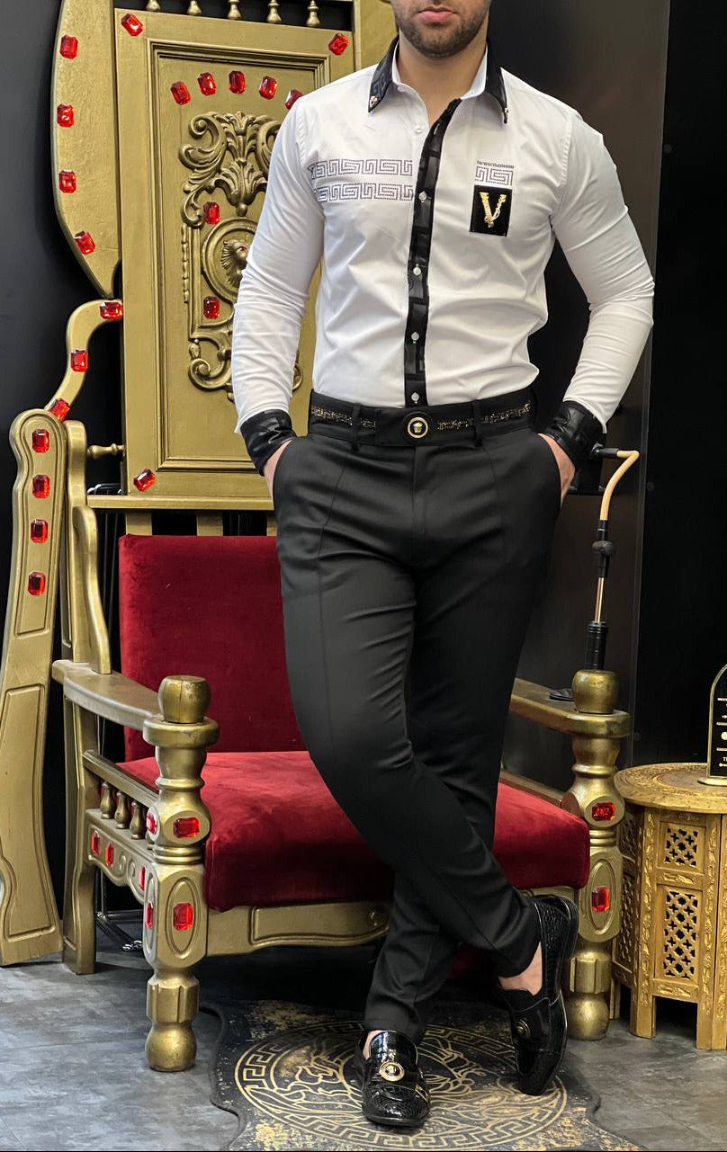 Verona Greca Men's White Velvet Trim Luxury Shirt