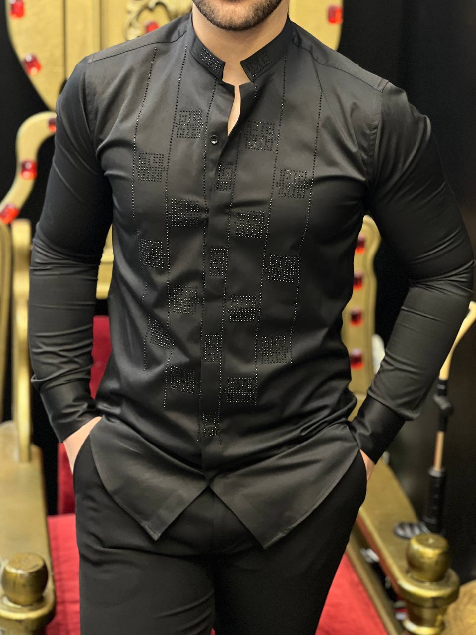 The Quadro Black Crystal Geometric Block Mandarin Collar Shirt