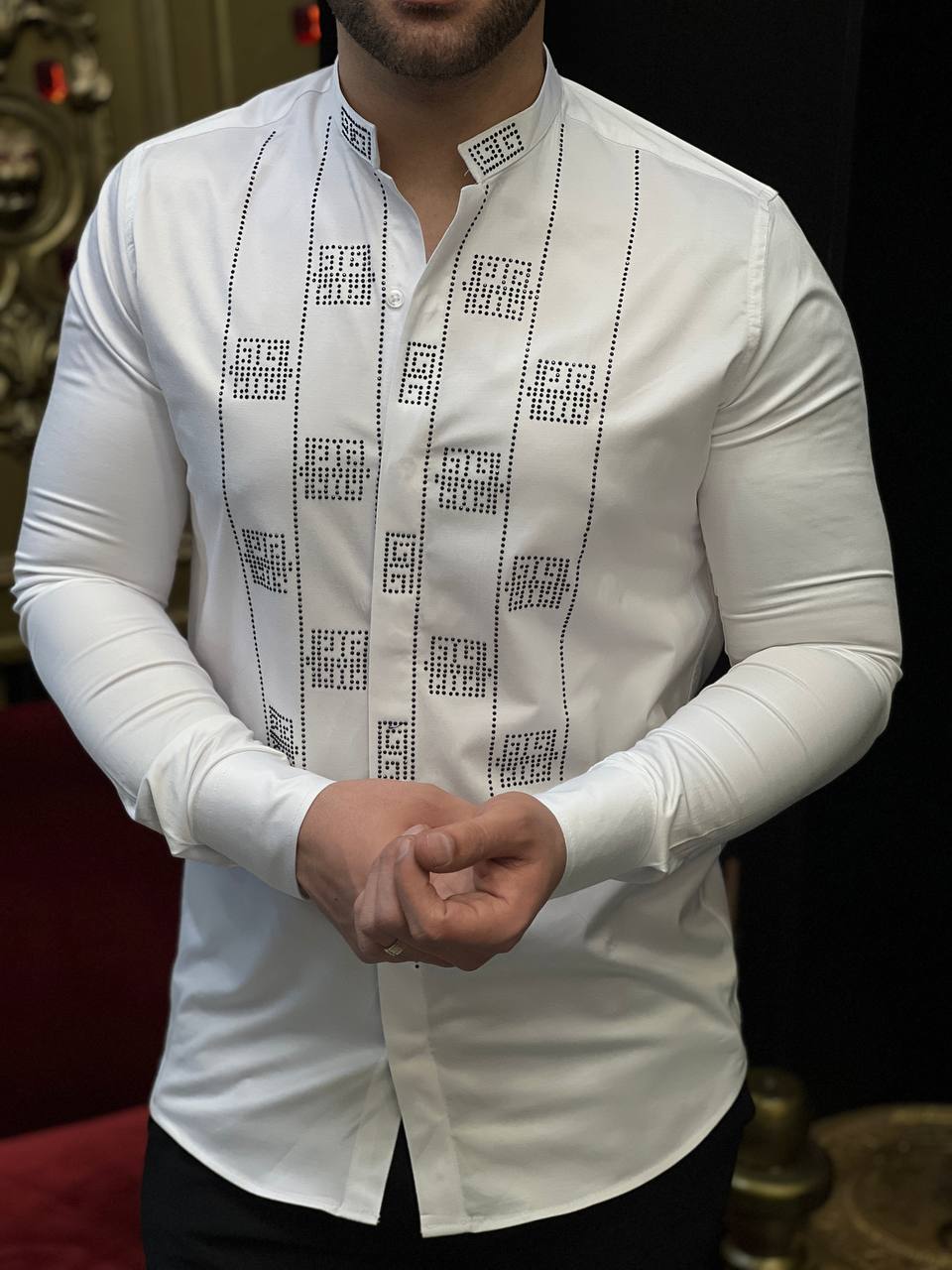 The Quadro White Crystal Geometric Block Mandarin Collar Shirt