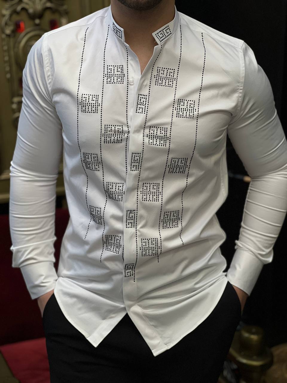 The Quadro White Crystal Geometric Block Mandarin Collar Shirt