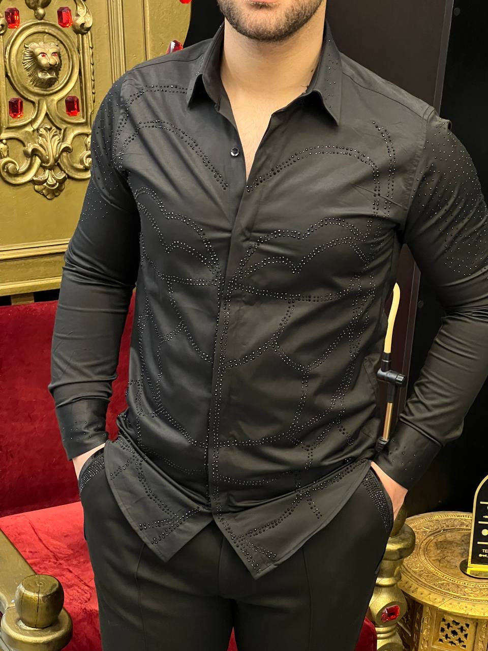 The Mosaico Black Geometric Crystal Designer Shirt