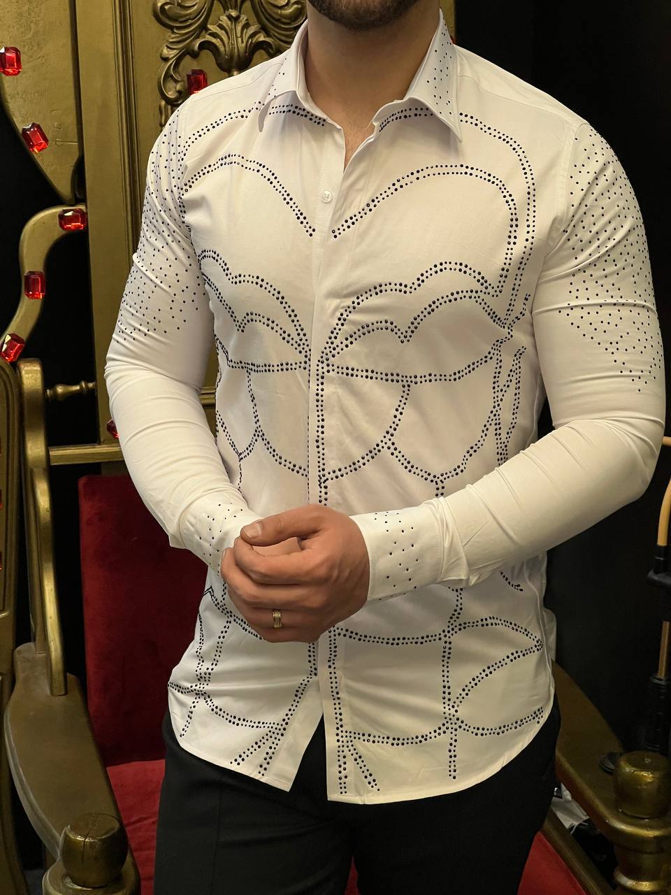 The Mosaico White Geometric Crystal Designer Shirt