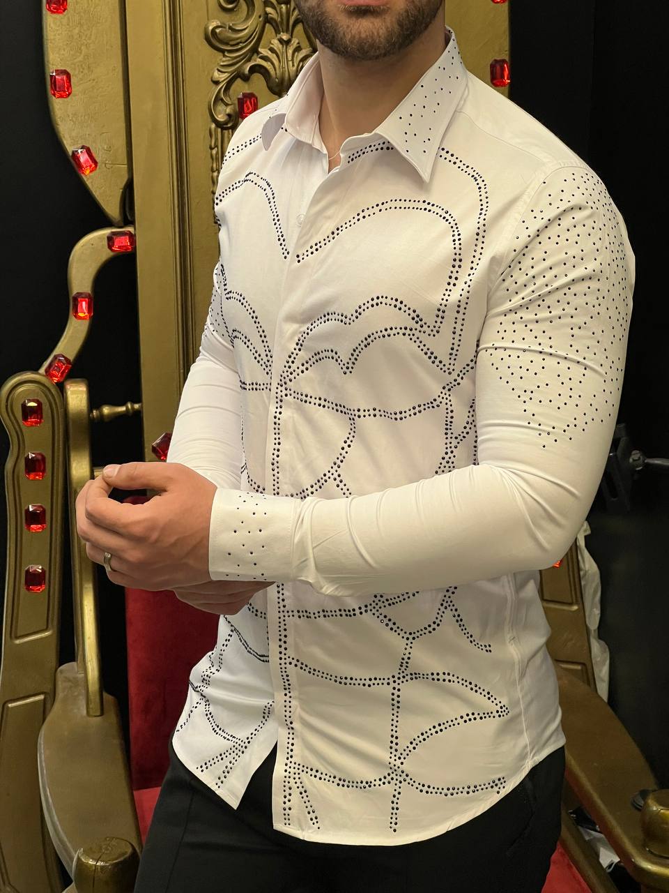 The Mosaico White Geometric Crystal Designer Shirt